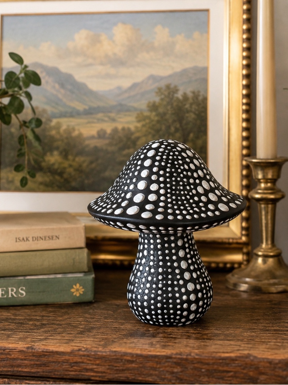 Black Resin Mushroom Figurine White Dot Work Boho Folk Art Decor 4”